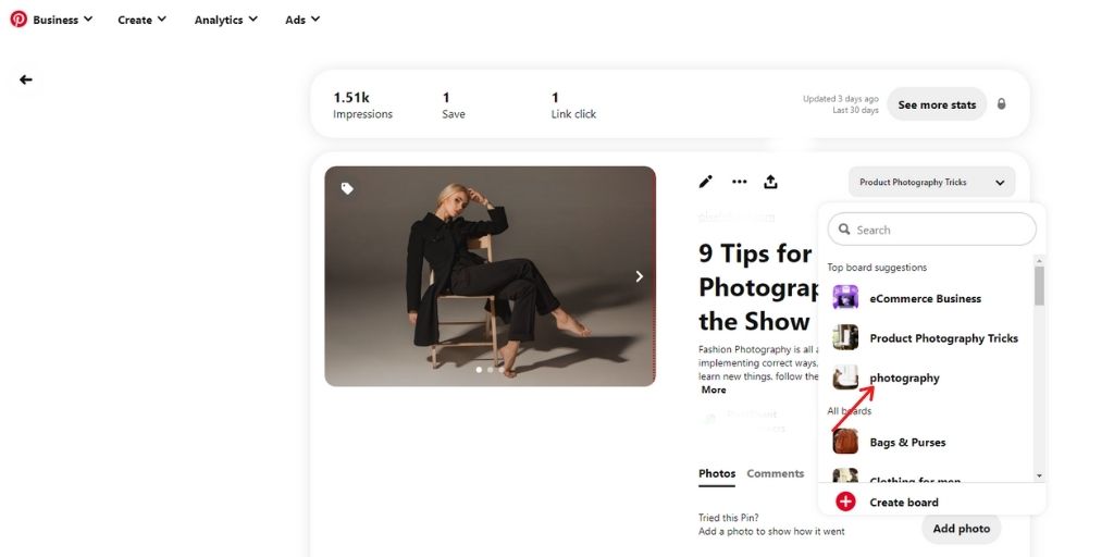 choose correct board in Pinterest